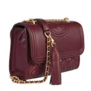 Tory Burch Fleming Elegant Burgundy Shoulder Bag with Gold Chain